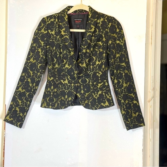 Banana Republic L’Wren Scott Black & Bright Celery Glam Brocade Blazer Jacket - Picture 4 of 16
